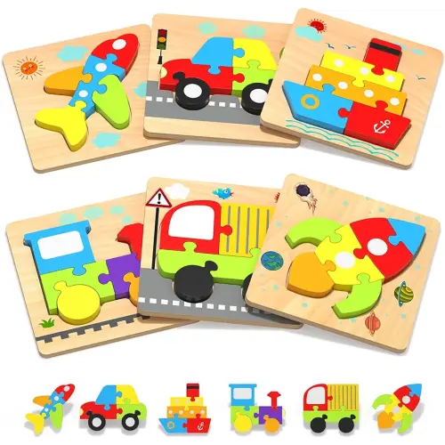Yetonamr Wooden Toddler Puzzles Gifts Toys for 1 2 3 Years Old Boys Girls, 6 Vehicle Shape Montessori Toys Educational Blocks Easter Basket Stuffers Kids Gift Baby Learning Toy Age 1-3, 2-4