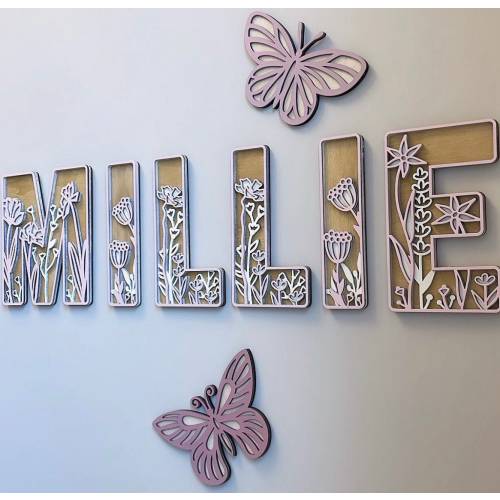 Floral wooden Name sign for Nursery - custom Wildflower Letters, Girls Room Decor- name sign- multi size