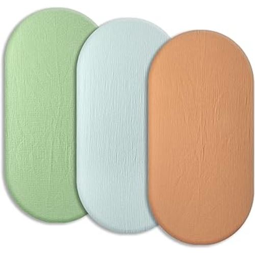 Soft Muslin Bassinet Sheets 32" x 18", Baby Bassinet Mattress Fitted Cover, Fit for Halo, Fisher Price, Delta, Graco, Oval Bassinet or Cradle, for Girl or Boy(Fog & Sage Green & Brown)