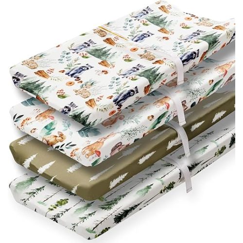 4 Pack Changing Pad Covers Woodland Forest Animals Wood Neutral Unisex Fitted Baby Changing Pad Cover Set for Baby Boys or Girls (Raccoon)