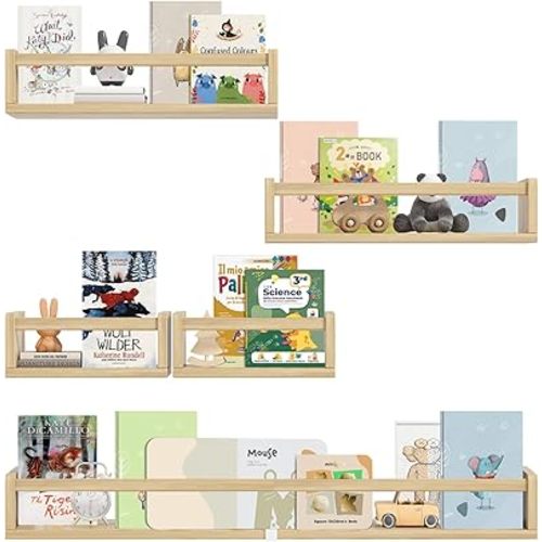 YLT WAX Nursery Floating Book Shelves 1 Pack 32" & 2 Pack 10" & 2 Pack 16.5", Set of 5 Wall Mounted Bookshelf for Kids Bedroom, Hanging Bookshelves for Wall, Nursery Decor, Natural Wood Book Shelf