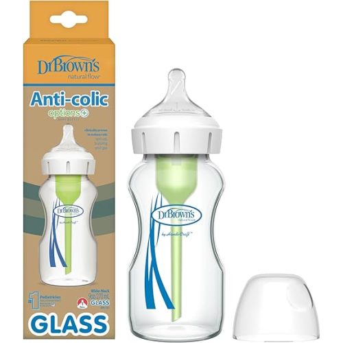 Dr. Brown's Anti-Colic, Wide-Neck, Glass Baby Bottle - 9 oz Level 1 Slow Flow Nipple,1 Pack,0m+