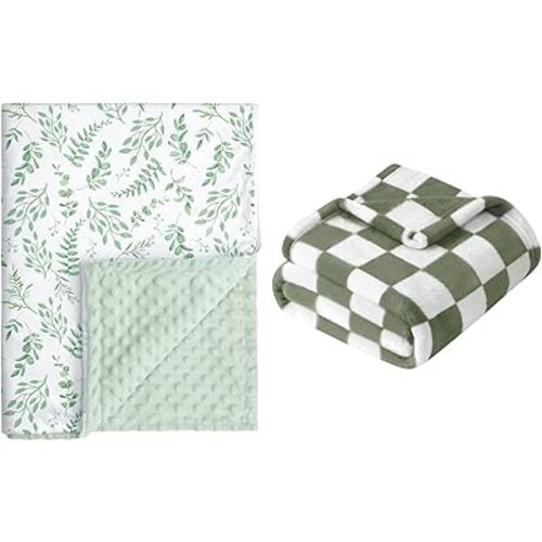 Soft Throw Blanket for Baby - Ultra Cozy Fluffy Checkered Fleece, Crib & Stroller Receiving Blanket for Newborn Infant Toddler Boys (Sage Leaf/Checkered)