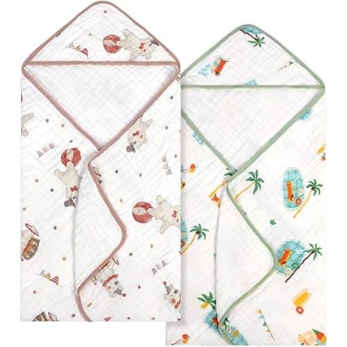 Baby Bath Towels 100% Muslin Cotton Hooded Baby Towels 2 Pack Shower Gifts for Newborn, Infant, Toddler, Kids,Super Soft and Absorbent, Large 35x35Inches
