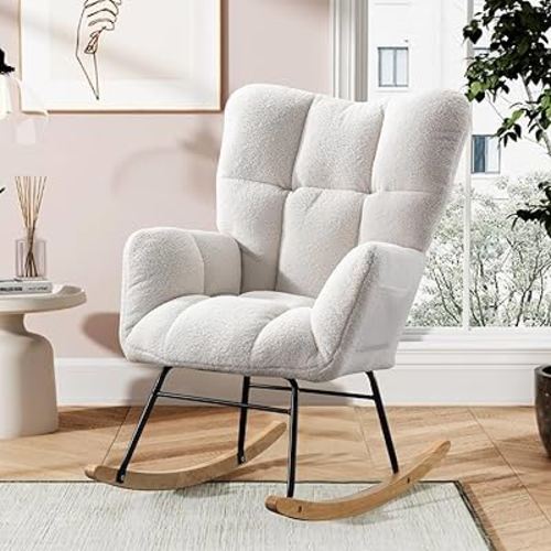Nursery Rocking Chair Teddy Upholstered Padded Seat Rocking Chair High Backrest Glider Accent Chair for Bedroom Office Living Room (Beige)