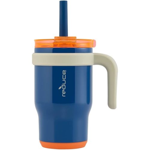 REDUCE 14 Oz Coldee Kids Tumbler with Lid and Straw - Coldee Insulated Travel Mug - Spill-Proof, Sweatproof Stainless Steel, BPA-Free - Includes Handle, Reusable Silicone Straw - Varsity Blue