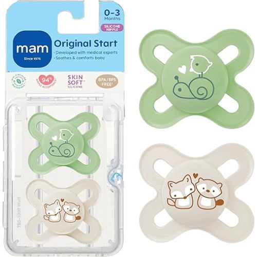MAM Original Start Matte Baby Pacifiers, Binky for 0-3 Months, BPA-Free Silicone Nipple, Easy to Clean, Best for Newborn Babies, Developed with Medical Experts, 2 Count Binkies with Sterilizer Case