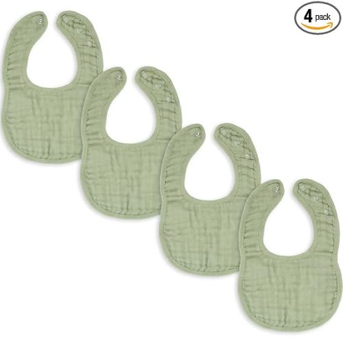 Comfy Cubs Muslin Bibs for Babies, Pack of 4 - Soft and Highly Absorbent, Feeding, Drool and Teething Bib, Adjustable Snaps - Stylish & Colorful Unisex Designs, Giftable Set - Sage