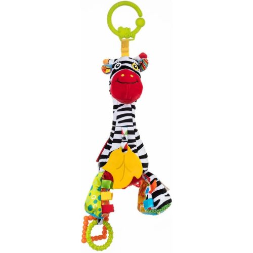 Balibazoo Zoya the Zebra Musical Hanging Baby Toy – Pull-String Lullaby Music Box, Baby Safe Mirror & Multi-Texture Teethers | Clip for Stroller, Car Seat & Carrier | Developmental Toy 0-24M
