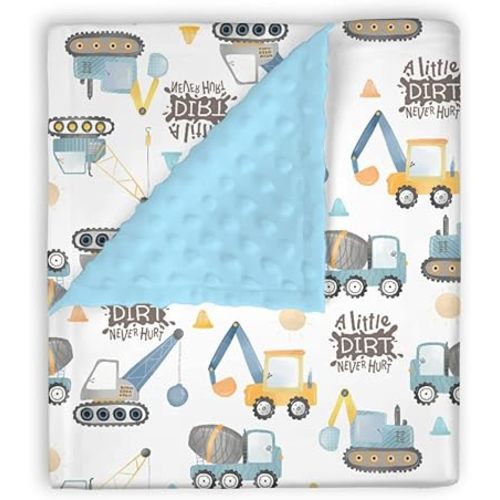 Mink Baby Boy Blanket Blue Yellow Construction Vehicle, A Little Dirt Never Hurt Double Layer Dotted Backing Receiving Swaddle, Newborn Infant Toddler Nursery Crib Bedding Shower Gift 30x 40