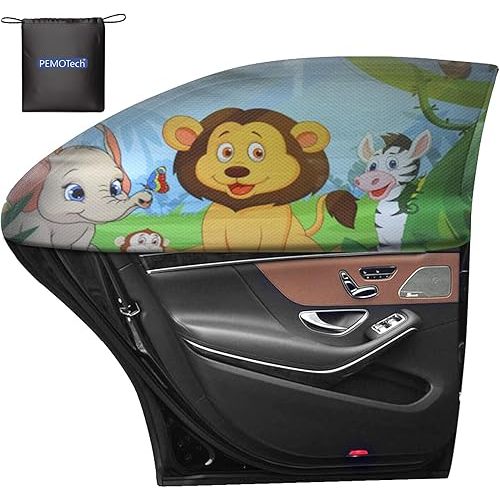 PEMOTech Car Window Shade for Baby, 2 Pack UV Protection Car Side Window Sun Shades Cartoon Animal Design, Universal Stretchable Sun Shades, Privacy Protect for Kids,Family,Pets,Tints (27.2"x39.8")