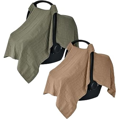 Car Seat Cover Baby - Organic Cotton - Carseat Covers Baby - Carseat Cover - Car Seat Canopy - Carseat Canopy - 100% Muslin Cotton, 43" x 32" 2-Pack (Sage Green/Natural)