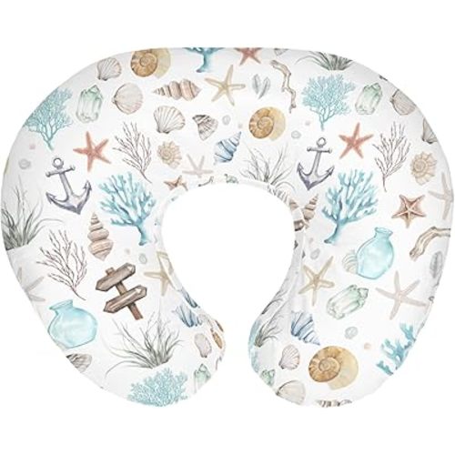 Ocean Boho Summer Nursing Pillow Covers for Boy Girl Seashells Conch Starfish Corals Anchors Nursing Pillow Slipcovers for Breastfeeding Pillows Nautical Life Soft Stretchy Cover for Newborn Infant
