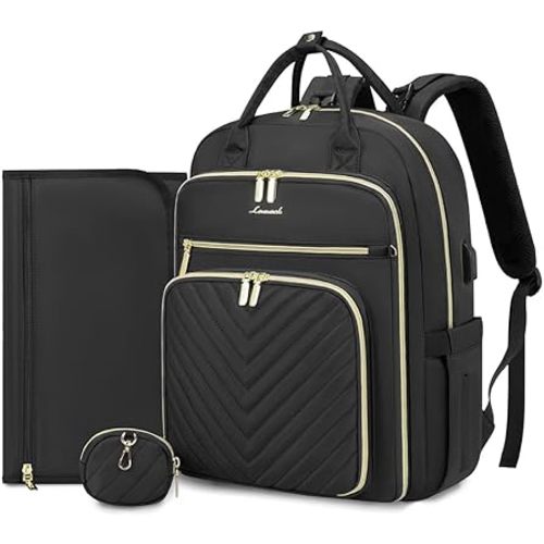 LOVEVOOK Diaper Bag Backpack, Quilted Baby Bag with Changing Pad & Pacifier Holder, Waterproof Travel Diaper Bags with USB Charging Port, Functional Durable Large Capacity, Black
