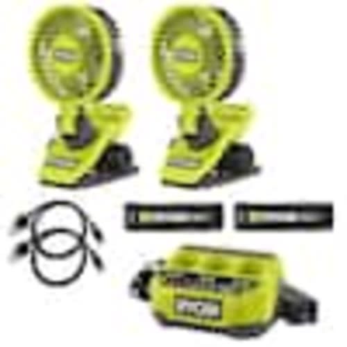 RYOBI USB Lithium Clamp Fan Kit (2-Pack), 3-Port Charger & (2) 2.0Ah Batteries & Charging Cables FVF51K-FVF51K-FVCH01