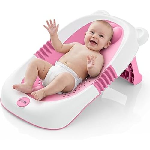 ISELECTOR Baby Bath Support Foldable Baby Bathtub Bath Tub for Newborn Infant Baby Bath Seat with Non-Slip Suction Cup 0-6 Months Infant Essentials Must Haves Ideal for Newborn Gifts (Pink)