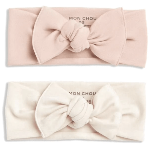 MON CHOU Baby Headbands - Set of 2 Organic Cotton Headbands for Baby Girls - Ultra Soft, 100% Pima Cotton Infant Hair Bows (Ivory & Bloom)