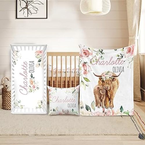 Custom Crib Bedding Set - Highland Cow Design Personalized Name Baby Nursery Bedding 3 Pcs Set - Chic Soft Blanket, Sheet, Pillowcase for Newborns Boys Girls Gifts Color24