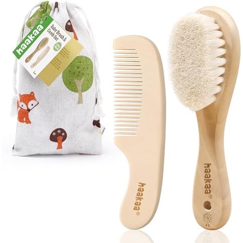 haakaa Baby Hair Brush and Comb Set for Newborns & Toddlers - Natural Soft Goat Bristles and Wooden Handle, Gently Grooms Baby's Hair, Ideal for Cradle Cap, Perfect Baby Gift, 2pk