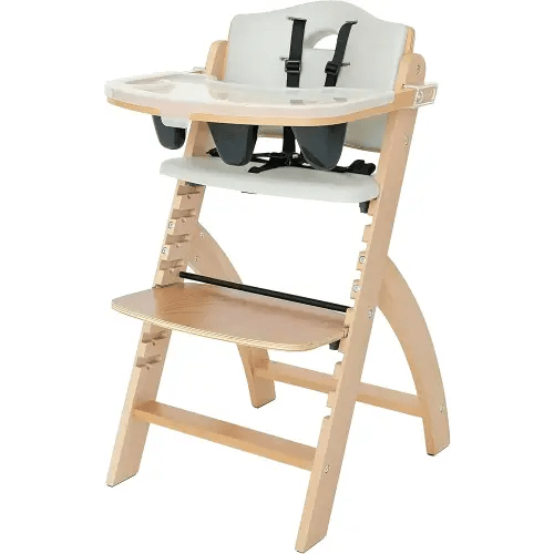 Abiie Beyond Junior Wooden High Chair with Tray - Adjustable and Convertible High Chair for Babies and Toddlers - 6 Months to 250 Lb - Water Resistant - Natural Wood/Dove Grey Cushion