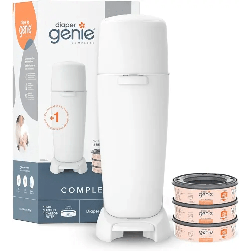 Diaper Genie Complete Diaper Pail (White) with Odor Control | Includes 1 Diaper Trash Can, 3 Refill Bags, 1 Carbon Filter