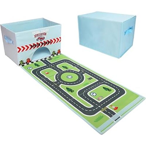 Livememory Toy Cars Garage Box - 2 in 1 Toy Car Storage Car Toys Storage Box with Speed Roads (Not Included Cars)-Sky Blue