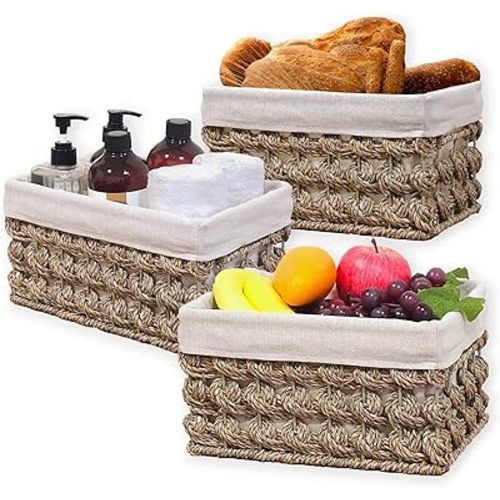 Ellinia Storage Basket with Liner, Wicker Counter Organizing Basket with Built-in Handles, Woven Rectangular Natural Seagrass Bin for Shelves, Set of 3
