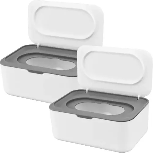 2 Pack Baby Wipes Dispenser Wipe Holder with Lids Refillable Wipe Container Case for Bathroom Travel Wipe Holder Keeps Wipes Fresh (Grey)