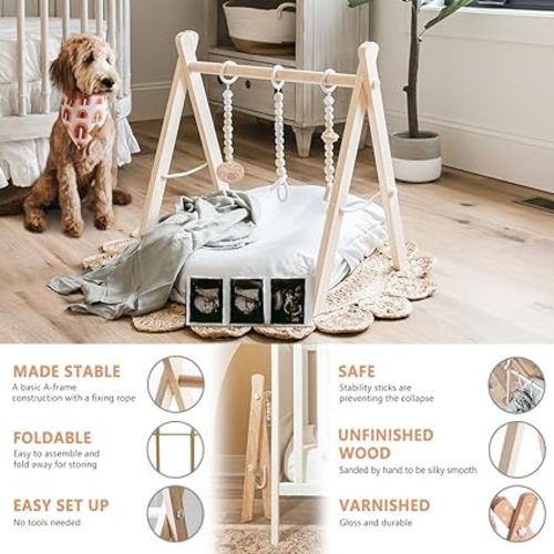 Little Dove Baby Play Gym Wooden Baby Gym with 6 Toys Foldable Play Gym Frame Activity Gym Hanging Bar Baby Toy White - Wood Baby Gym