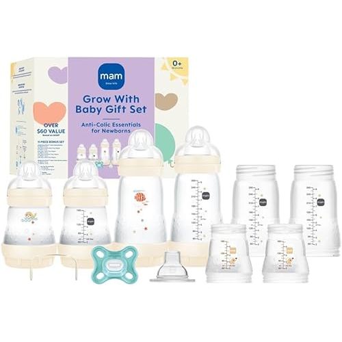 MAM Grow with Baby 15-Piece Bottle Gift Set, Newborn 0-4 Months, Anti-Colic Bottles and Silicone Nipples