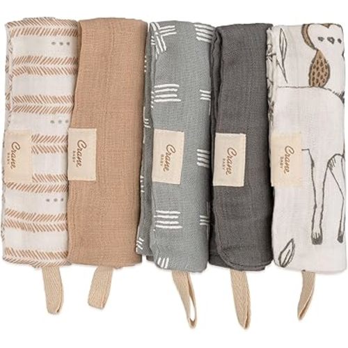 Crane Baby Wash Cloth Set, 100% Cotton Baby Washcloths, Set of 5 Baby Washcloths, Woodland Animal Theme, Baby Washcloths for Newborn, Muslin Baby Washcloths, Newborn Baby Gift, Baby Registry Gift
