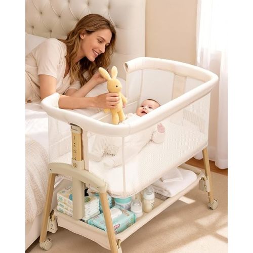 3 in 1 Baby Bassinet with Wheels, Bedside Bassinet Sleeper for Newborn, Portable Baby Crib with 7 Adjustable Height & Large Storage Basket & Full-Mesh, Easy Folding Baby Bed for Infant (Beige)