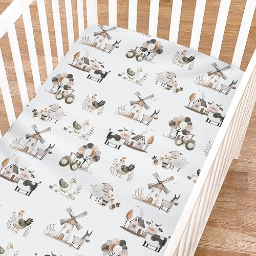Boho Farm Animals Fitted Baby Crib Sheets Boy Girl 52"x28" Cow Chicken Duck Lamb Donkey Barn Windmill Flower Crib Mattress Cover Spring Farm Life Soft Baby Sheet for Standard Crib and Toddler Mattress