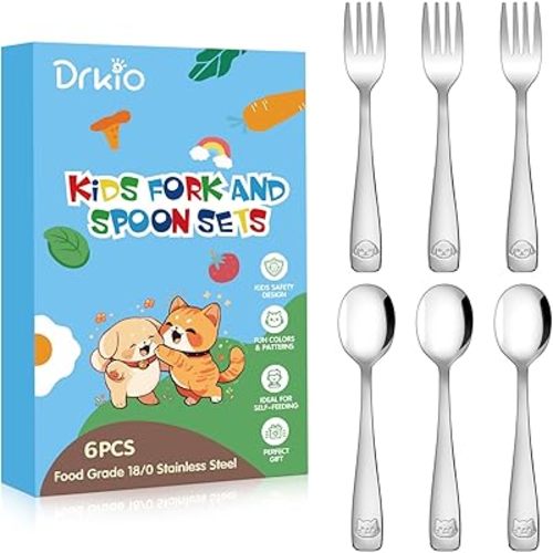 DRKIO Stainless Steel Toddler Utensils Set - 6 Pieces Kids Silverware Set Children Safe Food Grade Small Forks and Spoons Dishwasher Safe Mirror Polished