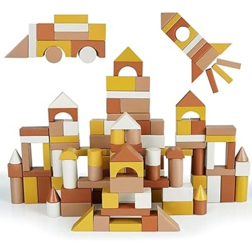 Joyreal Building Blocks for Toddlers 1-3 - 100PCS Building Blocks with Innovative Wooden Shapes & Variety Colors, Montessori Toys for 1 2 3 Year Old, Preschool Block Learning Toys for Girls and Boys