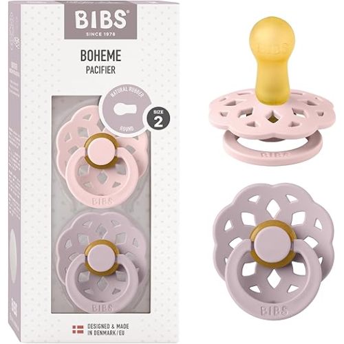 BIBS Pacifiers - Boheme Collection | BPA-Free Baby Pacifier | Made in Denmark | Set of 2 Blossom/Dusky Lilac Color Premium Soothers | Size 6-18 Months