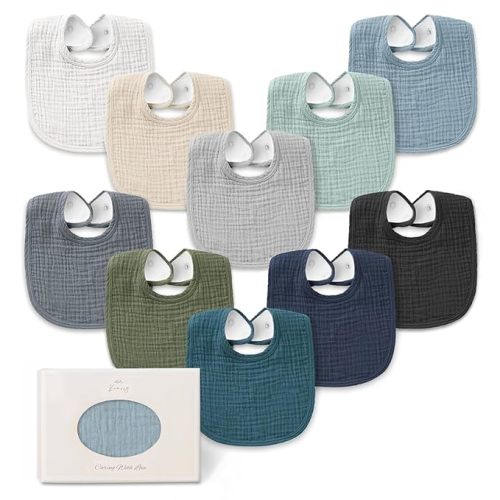 Konssy 10-Pack Muslin Baby Bibs, Soft Cotton Bandana Bibs for Drooling & Teething, Unisex Solid Colors for Boys & Girls, Newborn & Infant