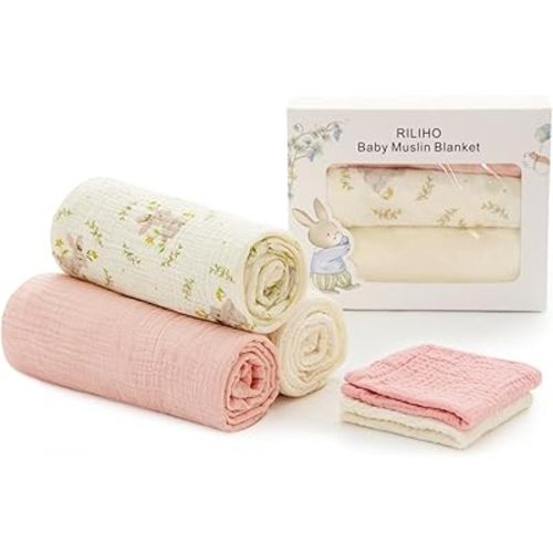 5 Pack Muslin Swaddle Blankets & Baby Burp Cloths, Soft & Breathable Cotton Baby Blankets, Receiving Blankets for Newborn Girl, Nursery Infant Essentials, Swaddling Wrap for Unisex (Pink & White)