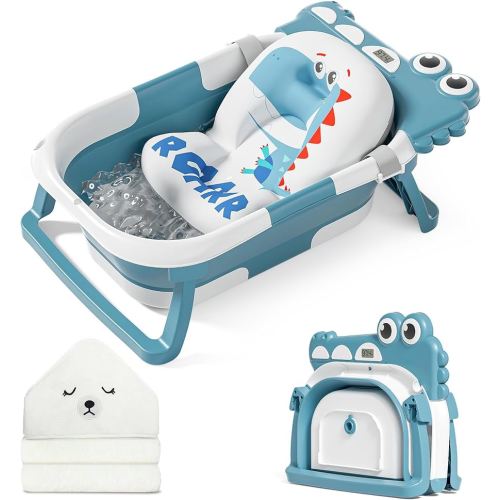 MoreFeel Collapsible Baby Bathtub for Newborn with Thermometer & 1 Hooded Towel & 1 Soft Floating Cushion,Portable Travel Bathtub with Drain Hole, Durable Foldable Baby Tubs for Infants to Toddler