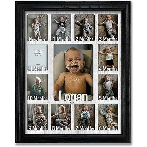 Northland My First Year Photo Frame | Personalized - Add Any Name | 12 Month Picture Frame for Babys First Year | Twelve 2.5" x 3.5" Newborn Photos and 5" x 7" | Milestone | Black Frame White Mat