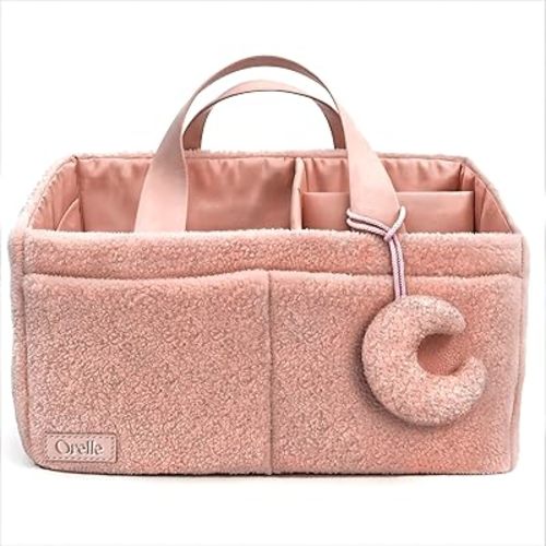 Orelle Sherpa Diaper Caddy Organizer with Matching Pouch | Portable Changing Table Organizer | Pink Diaper Caddy | Baby Shower Gifts | Baby Organizers and Storage | Boucle Baby Basket | Pink