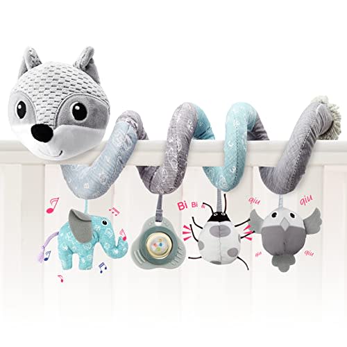 JERICETOY Baby Car Seat Toy Stroller Toy Infant Activity Spiral Plush Toys Hanging Stroller Toys for Baby Car Seat Stroller Bar Crib Bassinet Mobile with Music Squeaker Rattles (Fox)