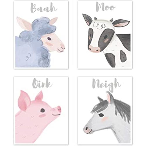 Sweet Jojo Designs Farm Animals Wall Art Prints Room Decor for Baby, Nursery, and Kids - Set of 4 - Watercolor Farmhouse Horse Cow Sheep Pig
