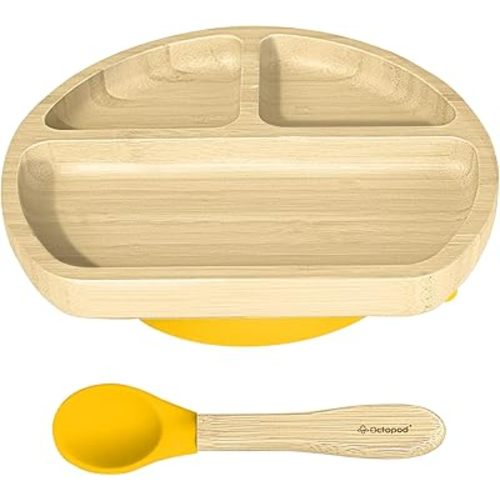 Abiie Octopod Bamboo Dish - Kids Plates for 4 months and up, 3-Compartment Baby Plates with Suction, Triangle Bamboo Baby Plate, Mess-Free Toddler Suction Plates, Baby Feeding Supplies, 8.3x1.9x7.7 in