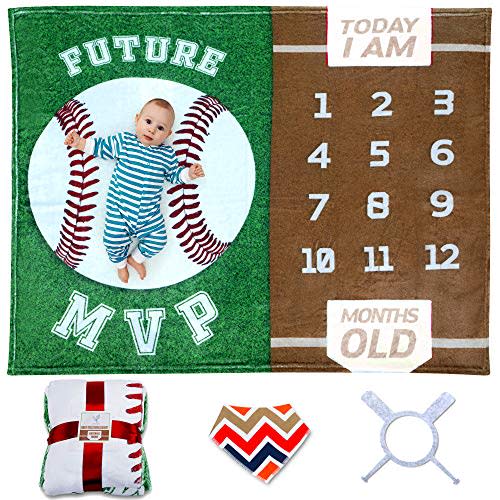 Sukoon Monthly Milestone Blanket for Baby Boy/Girl | Baseball Theme | Includes Frame and Bib | Large | 47"x40" | Personalized Baby Month Blanket for Newborn Baby Shower