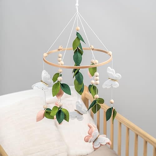 Butterfly Mobile for Crib - A Beautiful Butterfly Handmade Crib Mobile with Green Leaves, Pink, White and Gold Detail for a Nature or Wildflower Theme Nursery