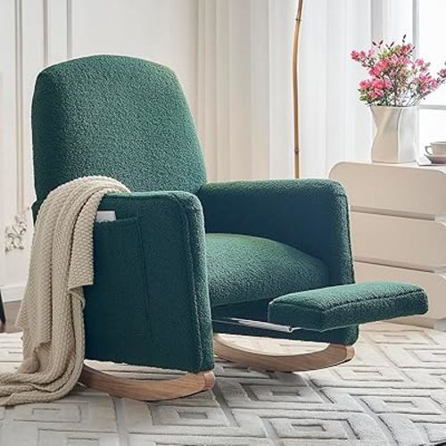 Rocking Chair Nursery with Foot Rest, Teddy Nursing Rocking Chair with High Backrest, Glider Rocker Chair for Living Room, Bedroom, Nursery(Teddy Green)