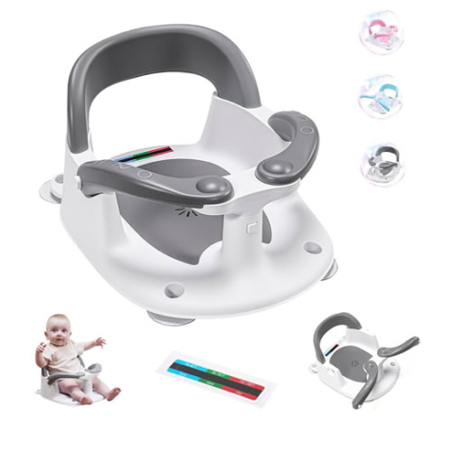 Baby Bath seat for Babies 6 Months & up, 360° Stable Toddler Bath Chair with one-Touch Button, Back Hollow Design, Water Temperature Card & 4 Suction Cups for Safety (Gray)