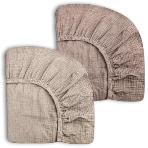Mini Crib Sheets for Baby Boy Girl 2 Pack, Neutral Mini Crib Mattress Sheet 24" x 38", Muslin Nursery Bedding Soft and Breathable Comfort(Beige & Shadow)