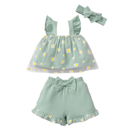Gibobby Newborn Infant Girl Clothes Rib Knit Romper Daisy Print Shorts Headband Baby Summer Clothes(Green,6-9 Months)